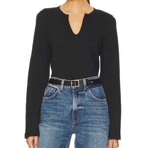 Nation Los Angeles Lian Shirt Small Black Pima Cotton Long Sleeve Notch V Neck